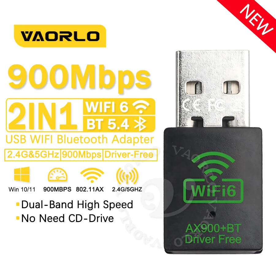2 in 1 Upgraded 900Mbps USB WiFi 6 wireless Network Card (2.4G/5GHz/Driver-Free)+Bluetooth 5.4 Wireless Adapter for PC Laptops