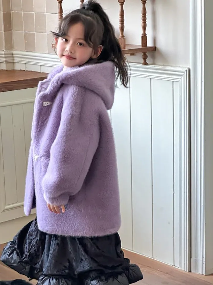 2024 Winter New Children\'s Faux Fur Jacket Imitation Mink Fur Coat Girls Hooded Warm Overcoat A4242