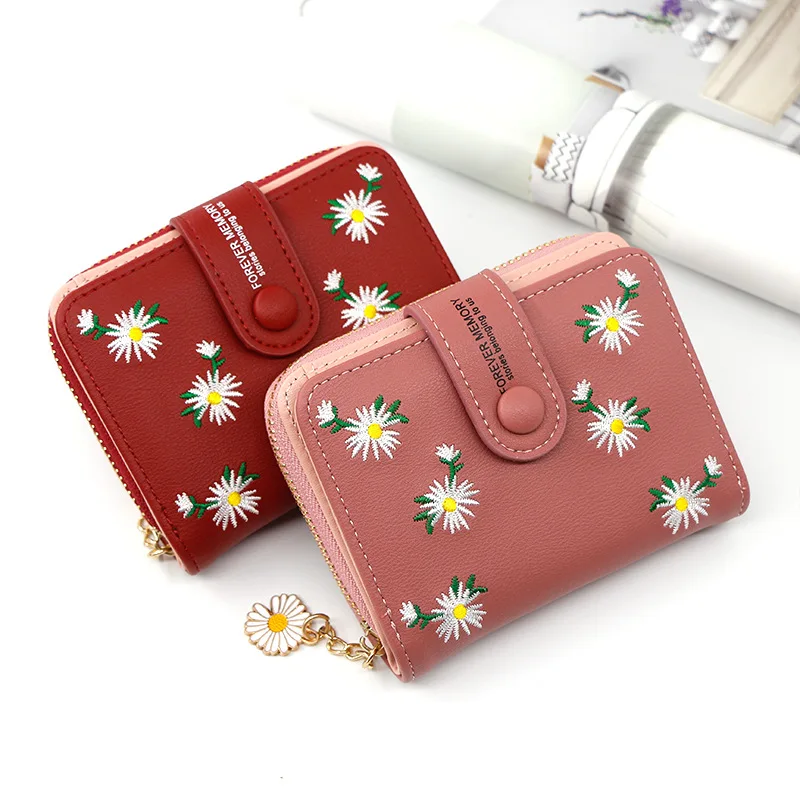 New Women Short Wallet With Coin Pocket Leather Female Flower Purse Ladies Card Holder Fashion Woman Small Zipper Clutch Bag