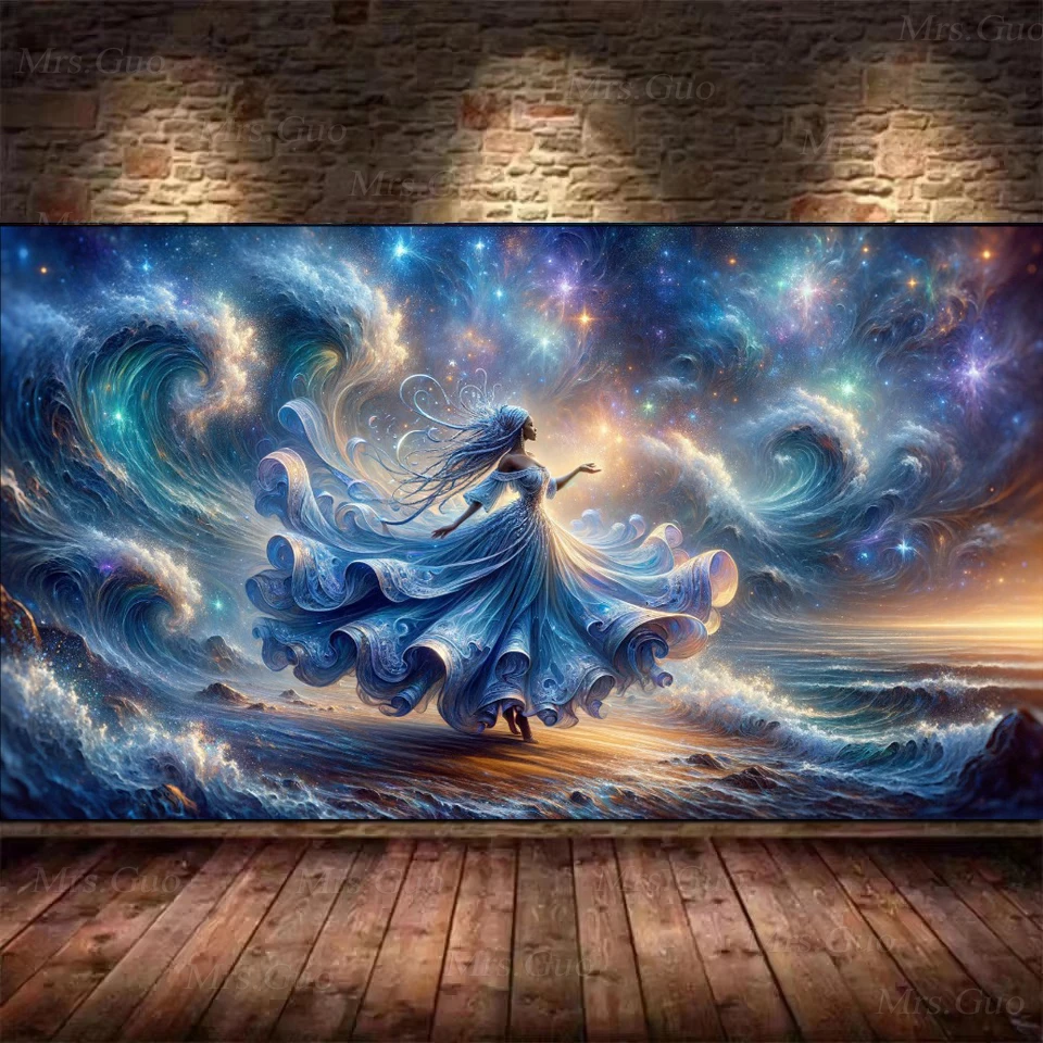 Красивая женщина, длинное синее платье, Волшебные звезды ночного неба, алмазная живопись большого размера, мозаичная вышивка, наборы для вышивки крестиком