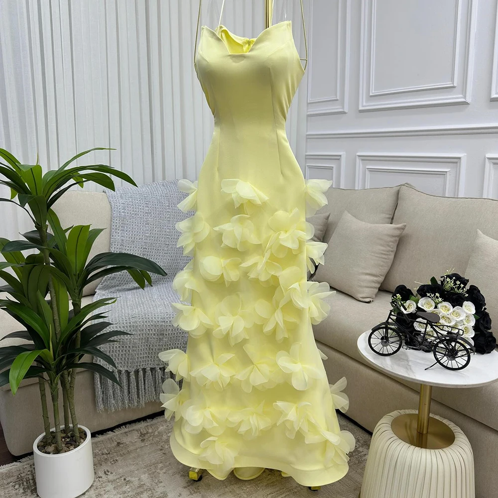 

Customized Mermaid Evening Dresses Floor-length Spaghetti Strap Sleeveless Prom Gown Fashion Flowers Simple Draped Party Gown