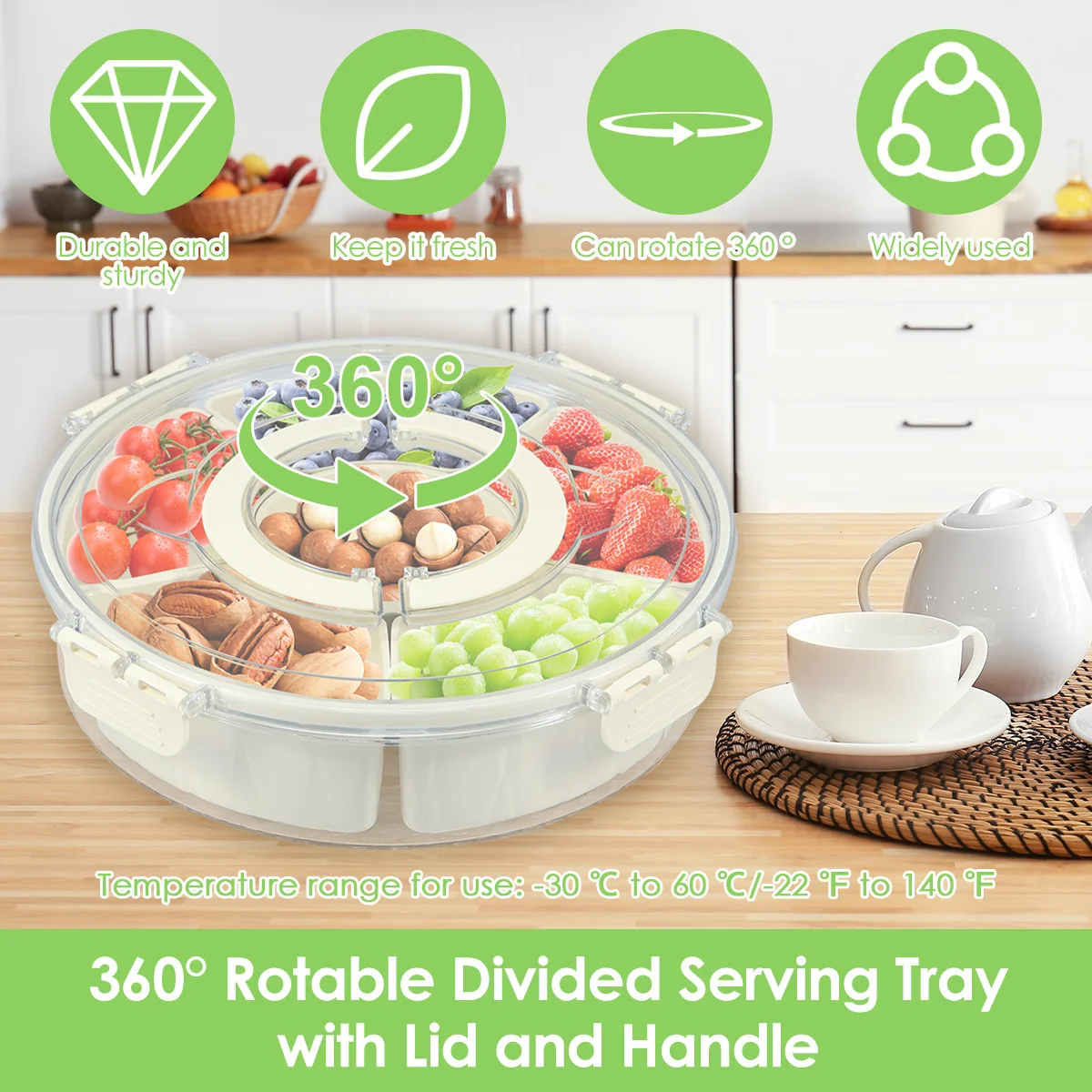 Divided Serving Tray Large-Capacity Snack Spinner with Lid and Handle Snackle Box Rotatable Clear Snack Charcuterie Container