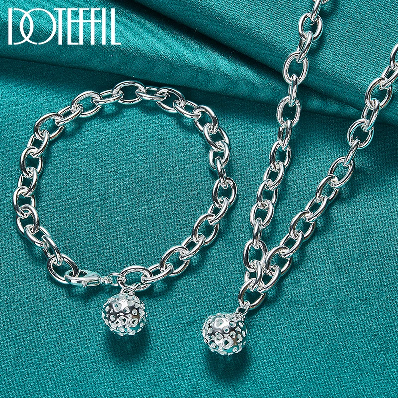 DOTEFFIL 2pcs 925 Sterling Silver Hollow Ball Necklace Bracelet Set For Women Man Wedding Engagement Party Fashion Charm Jewelry