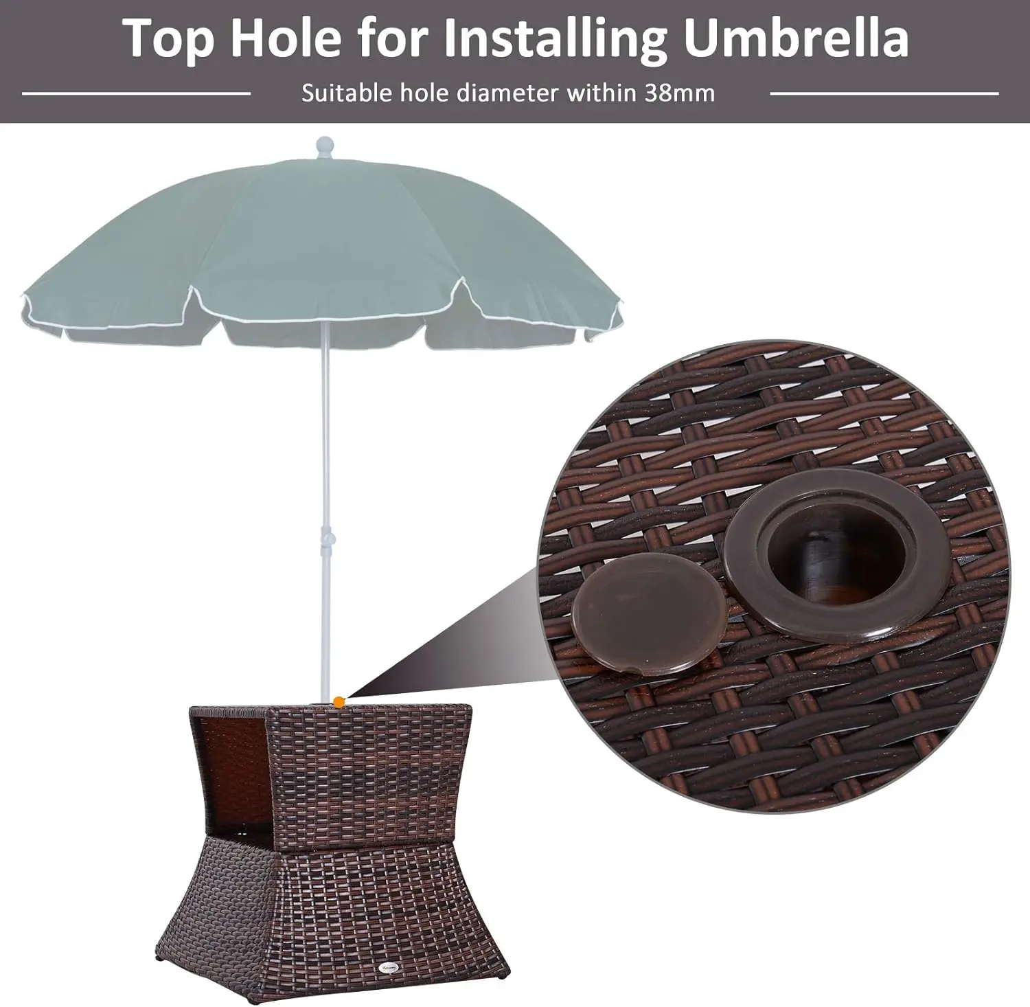 2-Tier Rattan Wicker Outdoor Side Table with Umbrella Hole and Storage Shelf, All-Weather for Patio Garden Backyard
