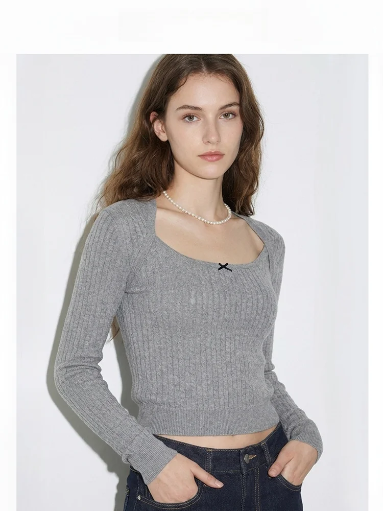 

Slimming Knitted Sweater with Knot Decoration Long Sve Square Ne Fake Two-Piece Women's Faion Wool Blend