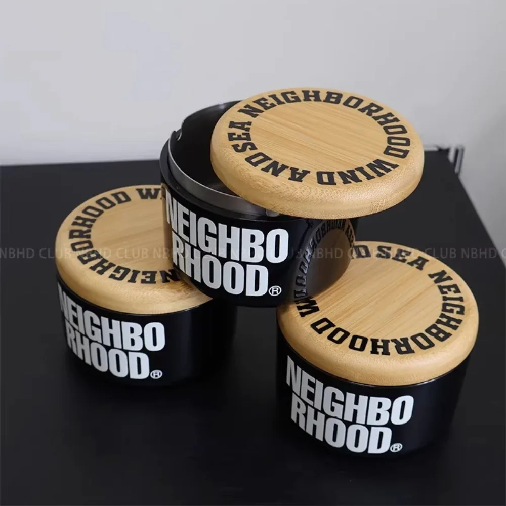 Black Stainless Steel Ashtray with Bamboo Lid | Japanese Modern, Splash-Proof & Minimalist Design