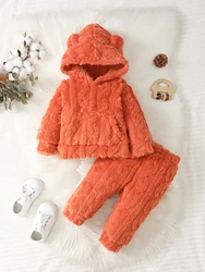 Two-Piece Baby Casual Cute Bear Ears Hat Pocket Furry Hoodie Elastic Waist Solid Color Pants Autumn Winter Style Warm Cute Suit