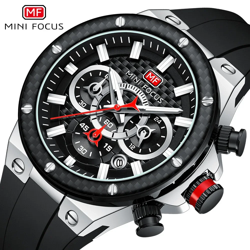 MINI FOCUS Sports Waterproof Watches for Men Fashion Multifunction Dial Silicone Strap Racing Quartz Watch Luminous Hands 0468G