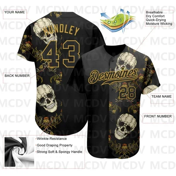 Custom Black Old Gold 3D Plant And Skull Fashion Authentic Baseball Jersey