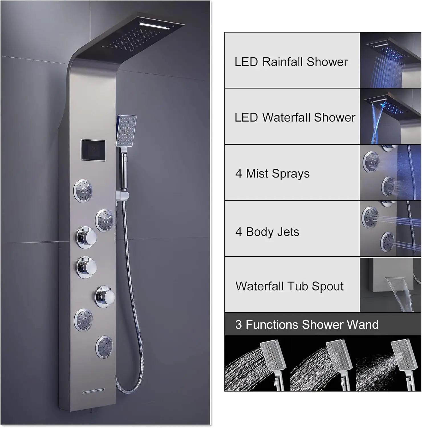 6-in-1LED Rainfall Waterfall Shower Panel Tower System with 2Mode Powerful Body Jets Multi-function Stainless Steel Shower Tower