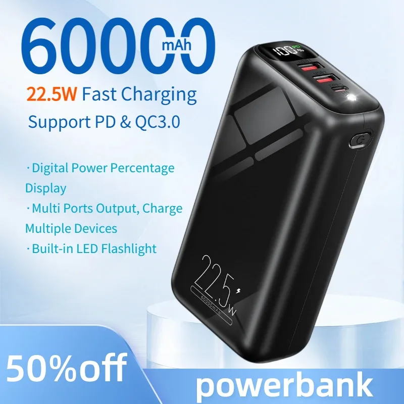 PowerBank 60000mAh Large Capacity Power Bank 22.5W Fast Charging PD QC 3.0 Portable Battery for iPhone Samsung Xiaomi