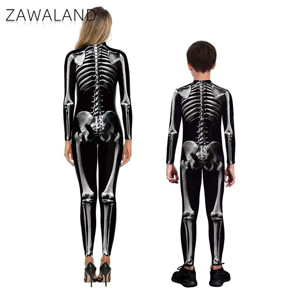 ZAWALAND Halloween Matching Outfits 3D Skeleton Printed Zentai Cosplay Costume Party Parent-Child Sexy Spandex Catsuit