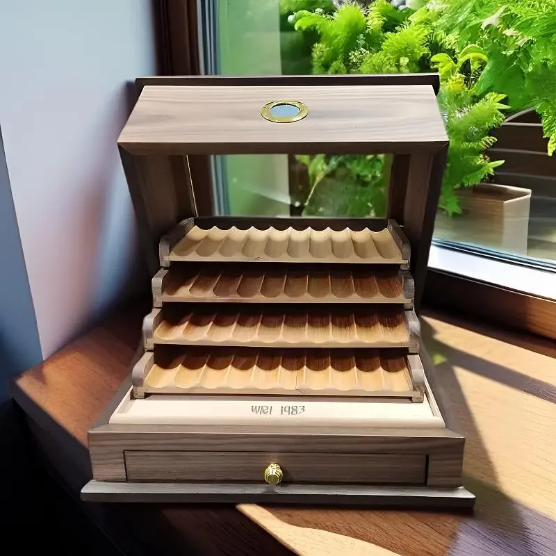 Luxury Cedar Wood Humidor Large Capacity Transparent Sunroof Humidor with Thermohygrometer