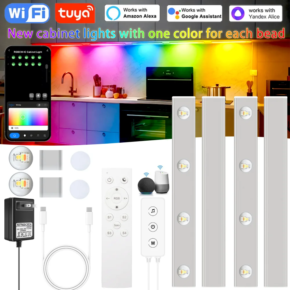 Tuya WiFi 12 فولت RGB اللون تحت أضواء الكابين مع التحكم عن بعد APP عكس الضوء خزانة ليلة مصباح غرفة نوم ديكور مطبخ Fr Alexa