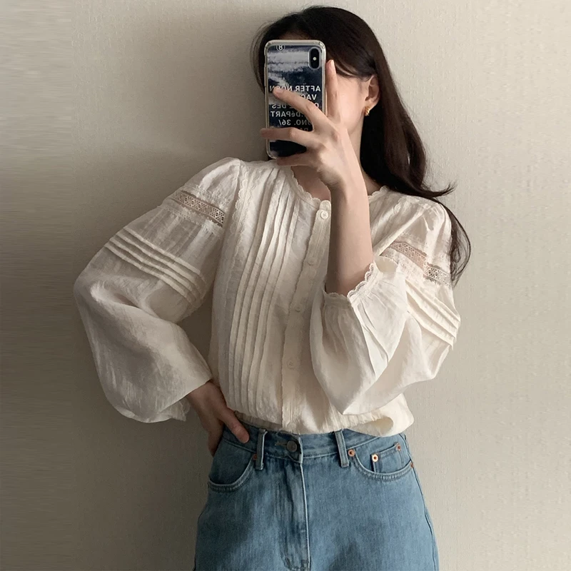 Korean Style Lace Trimmed Shirt Women's Loose Fit Long Sleeve Lantern Sleeve Color Fashion Ladies' Premium Blouse