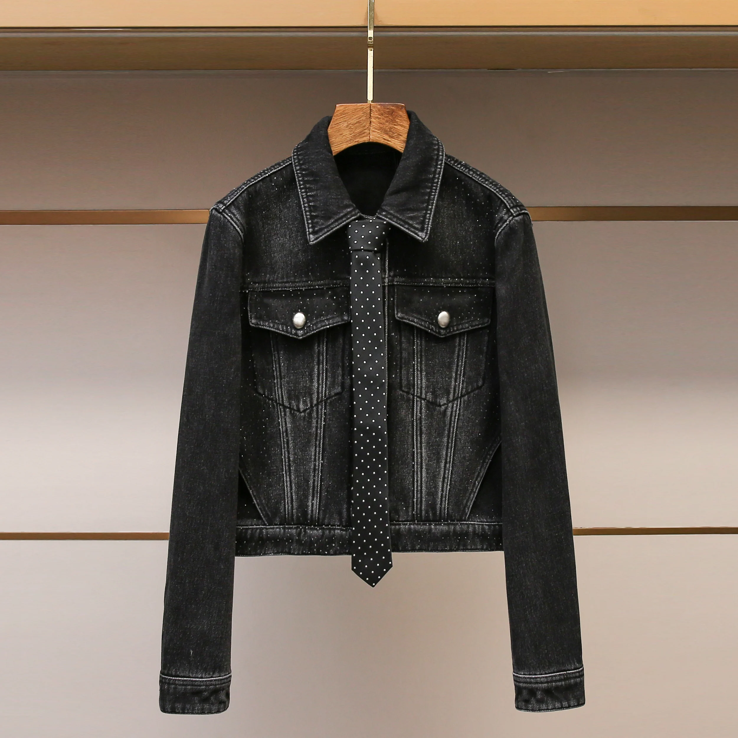 

High-End Women's ort Denim Jaet with Rhinestone Polka Dot Tie Autumn Winter New Sle from Nan You Faion Brand