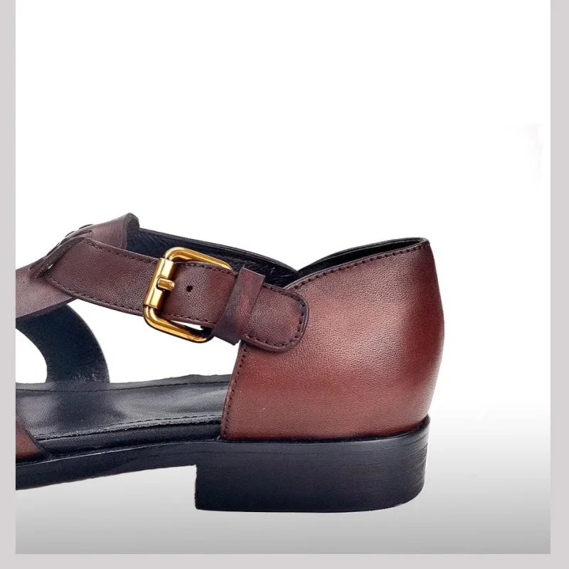 Flat men's sandals summer new leather thin belt square heel brown Roman sandals large size small size casual beach men's shoes