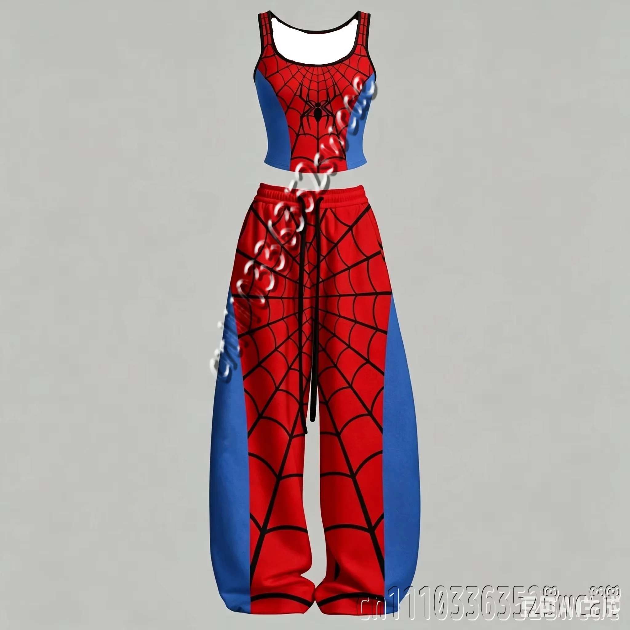 26/27New Spider Web Print Crop Tank Top Wide Leg Pants Set  Hot Girl Outfit Casual Two Piece Tracksuit Streetwear FamilyMatching