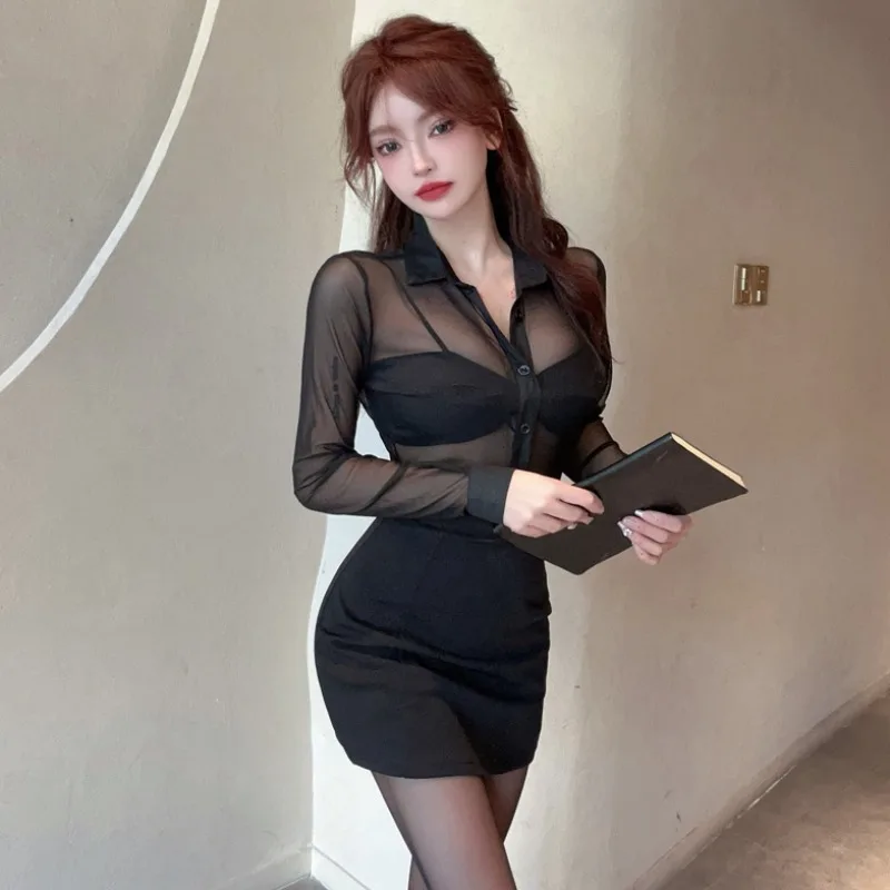 Black Polo Collar Long sleeve Shirts Sexy Perspective Mesh Outdoor Top + Hip Skirt Club Work Clothes Set