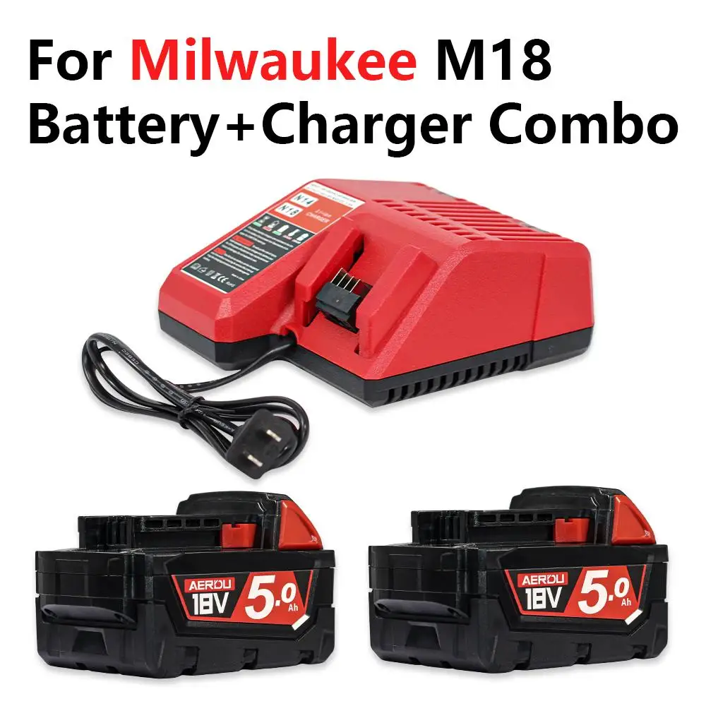 

2-Pack 5.0Ah Replacement Battery Charger Kit for Milwaukee M18 Power Tools, Lithium Ion High Capacity Batteries with LED Indicator