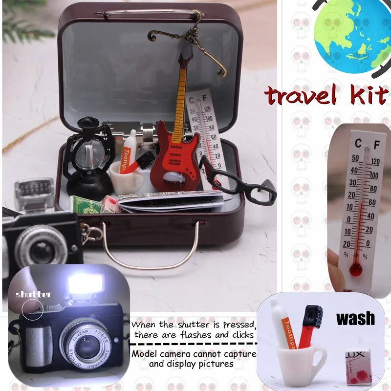 Doll House Vintage Travel Kit, Mini Tinplate Box BJD Life toiletries Books Thermometer Guitar