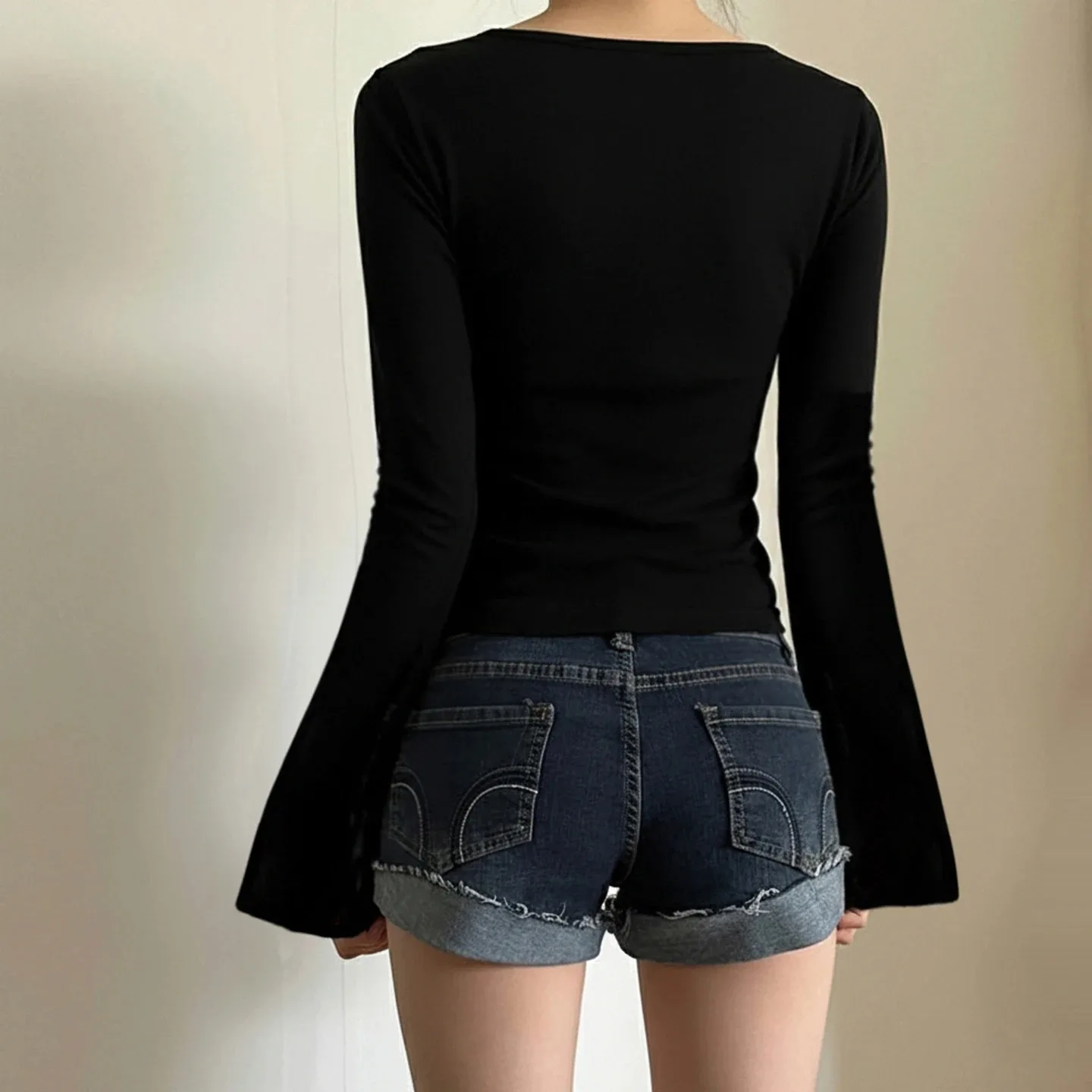Camisa Feminina com Detalhes em Renda e Botões, Mangas Largadas, Top de Tricô Casual com Decote em V, Estilo Y2K, Roupas de Outono Fairycore