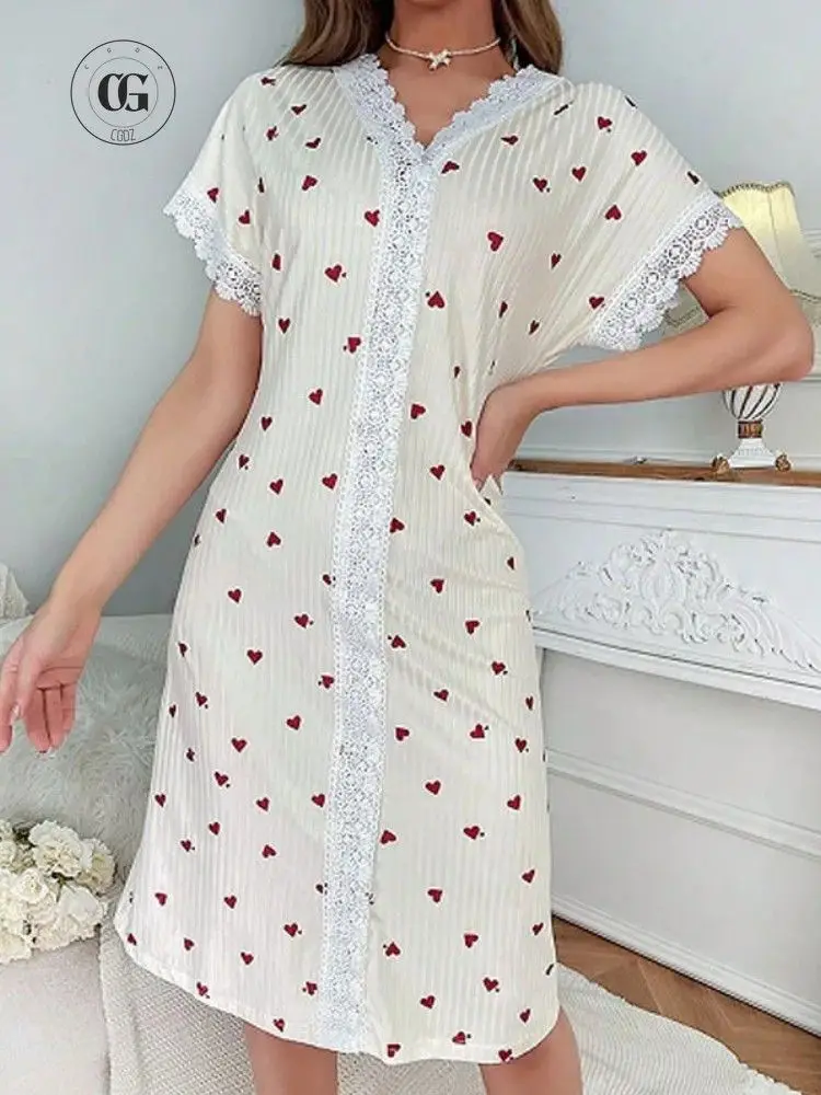 

Ночные рубашки, женская одежда для сна, кружевное платье с v-образным вырезом, домашняя одежда с милым сердечком, удобная ночная рубашка, пижамы
