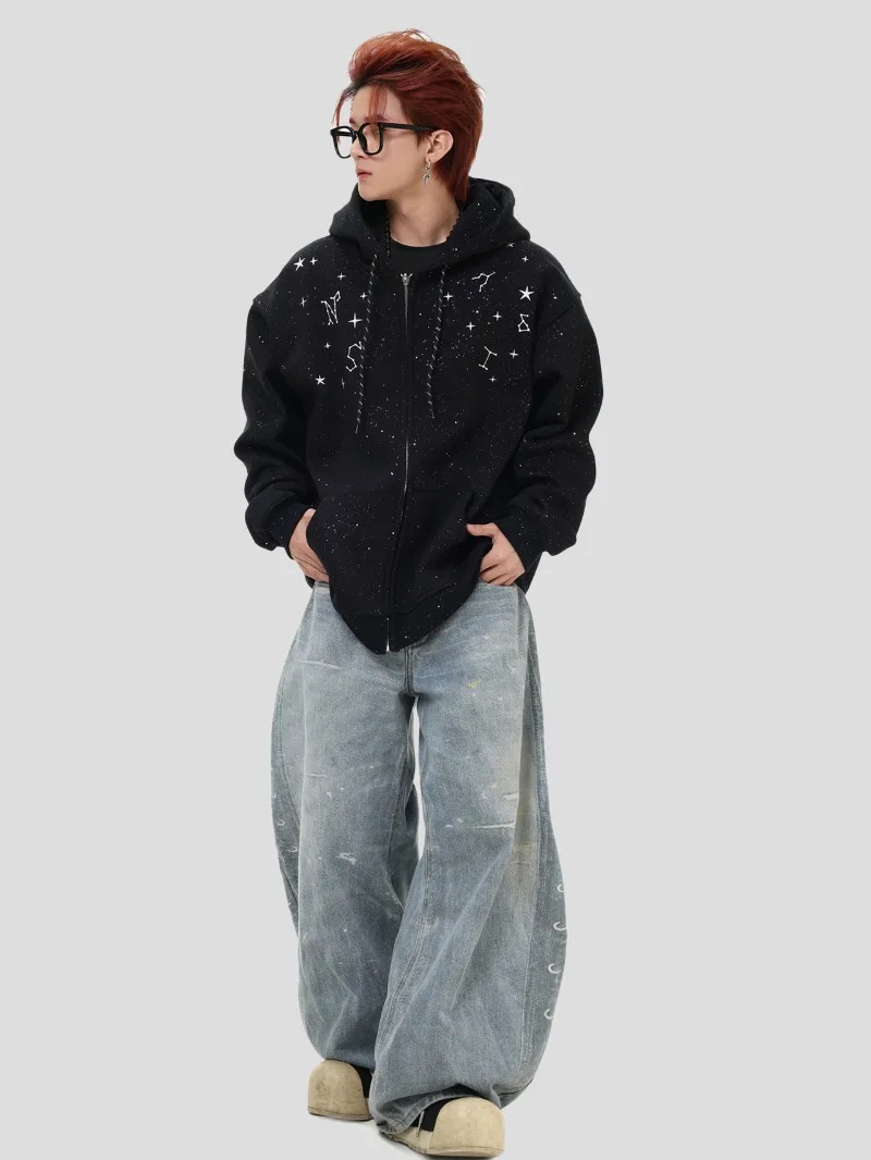 American Retro Fashion Trend Heavy Craft Starry Sky Hooded Sweatshirt Fleece Lined Warm Zipper Cardigan Jacket for Men