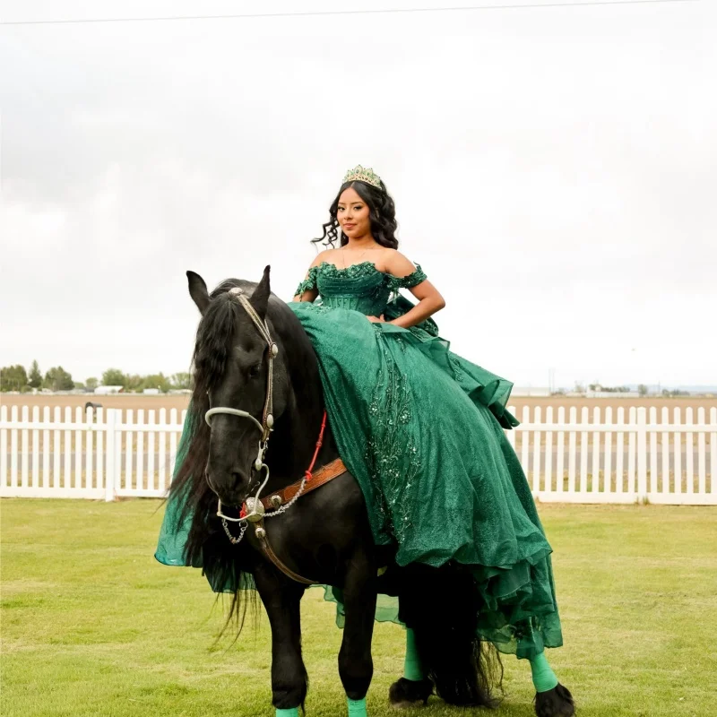 Dark Green Quinceanera Dress Glitter Flower Decal Long tail off-shoulder Tull Layering Bow Vestidos De 15 Quinceanera ﻿Customize