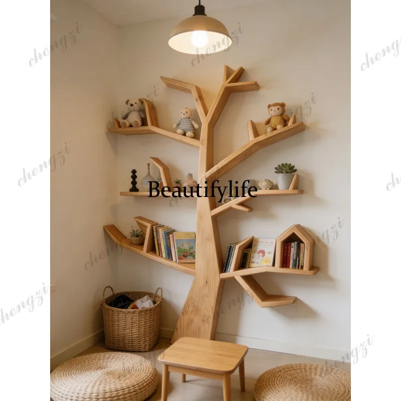 A73 tree-shaped solid wood bookshelf floor shelf living room wall storage rack household simple bookcase