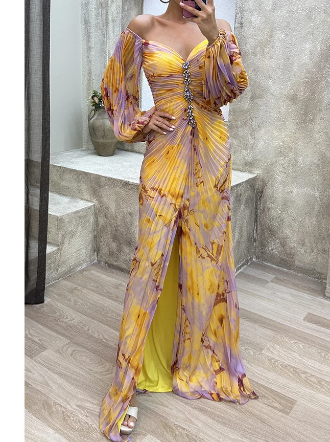 

Sexy Elegant Evening Party Dresses 2024 Summer Fashion New Pleated Long Sleeved Off Shoulder Loose Casual Maxi Dress for Women