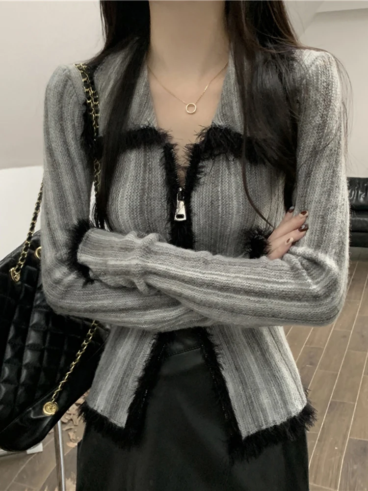 

adient Color Splicing ort вязаный свитер джет женский весенне-осенне-зимний кардиган с двойной молнией и тонким воротником открытый кардиган топ