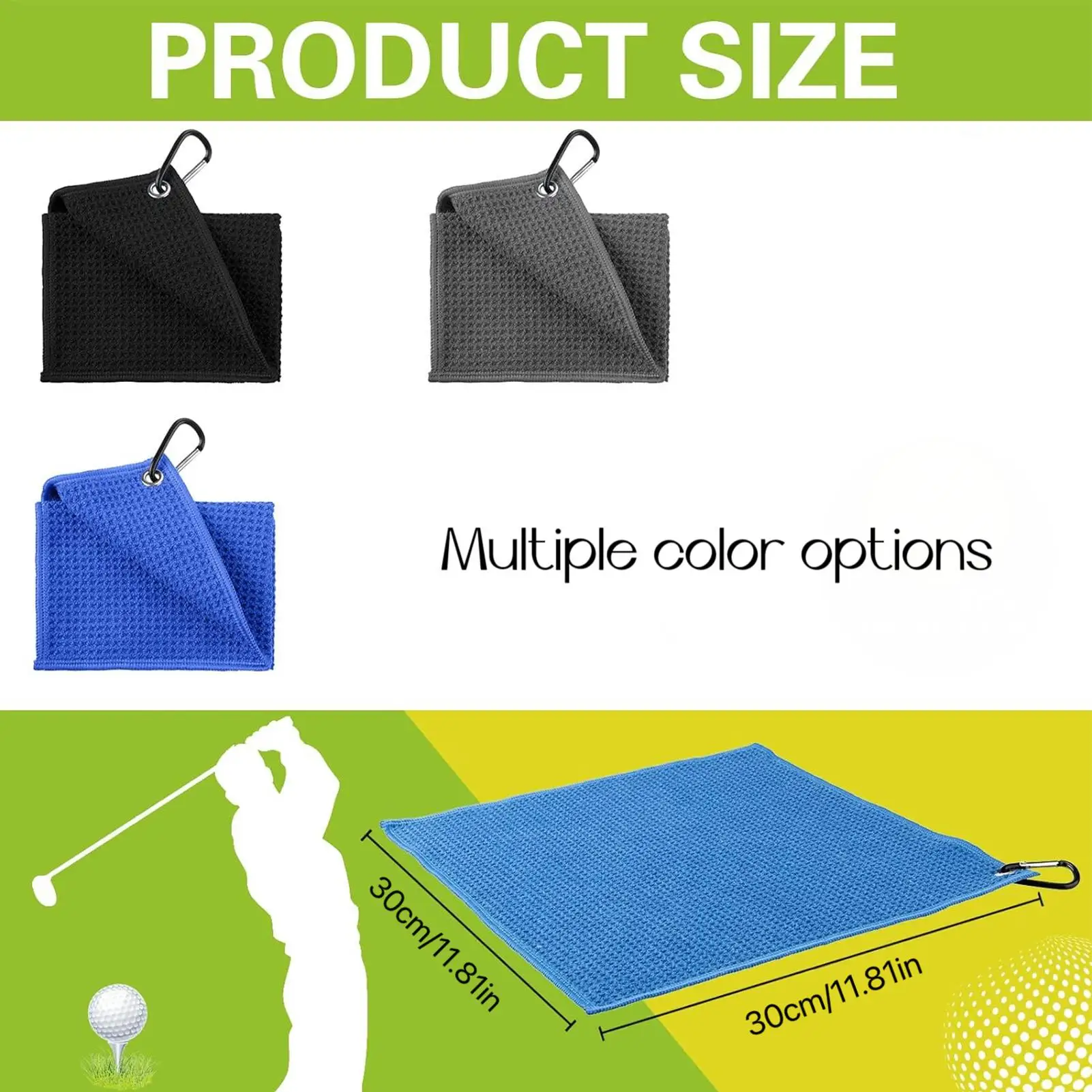 30x30cm Golf Towel Wipe Club Bag Cleaning Cloth Waffle Pattern Golf Rag with Clip Absorbent Quick Drying outdoor Sports Towel