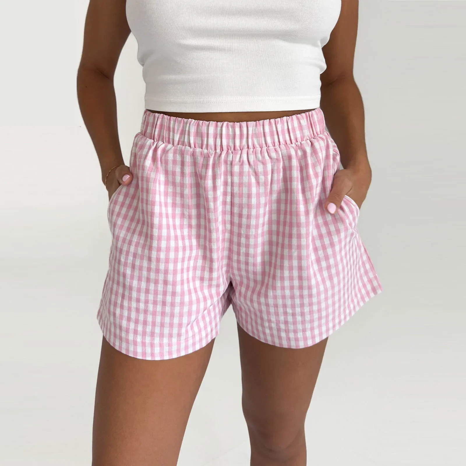 Y2k шорты Pnats женские летние клетчатые шорты с принтом эластичные короткие брюки с высокой талией шорты для отдыха с карманами