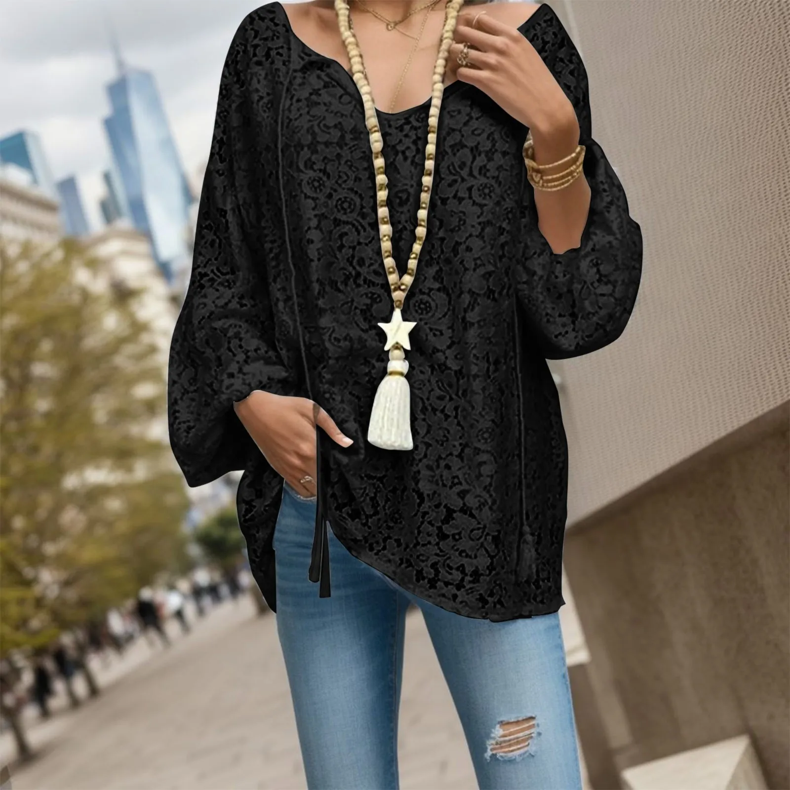 Women Hollow Out Lacae Blouse Sexy Deep V Neck Solid Color Loose Long Sleeves Tops Boho Summer Ladies Vintage Breathable T Shirt