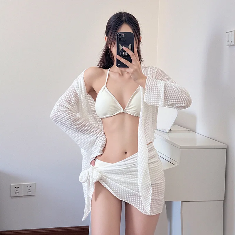 

2026 Women's New Bikini Swimsuit Four Piece Set High-end White Sexy Split Swimsuit Suitable for Beach Pool Parties