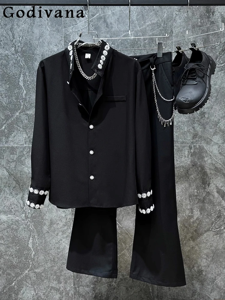 

Осенняя модная французская красивая рубашка с воротником-стойкой и длинными рукавами с бриллиантами, индивидуальный черный свободный топ для мальчиков и девочек