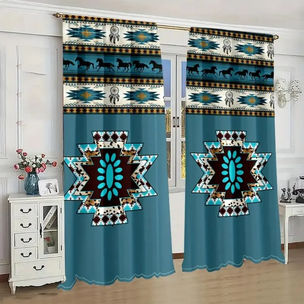 2pcs Boho Mandala Curtains - Ethnic Vintage Patterned Window Drapes for Bedroom and Living Room - Rod Pocket Design for Home