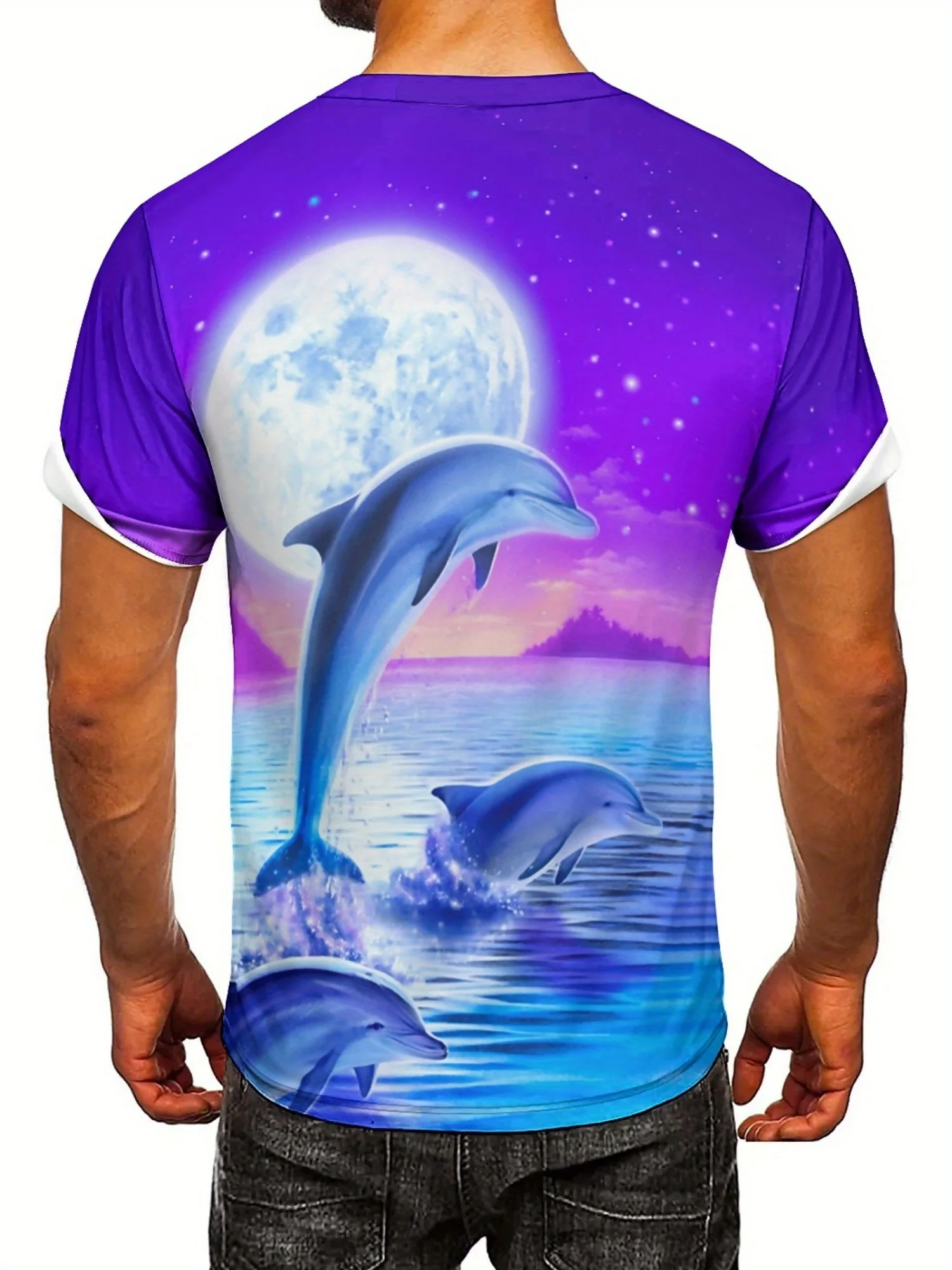 3D Dolphin Print T-Shirt | Unisex Polyester Tee with Moonlit Ocean Design | Vibrant Purple & Blue | Round Neck, Short Sleeve