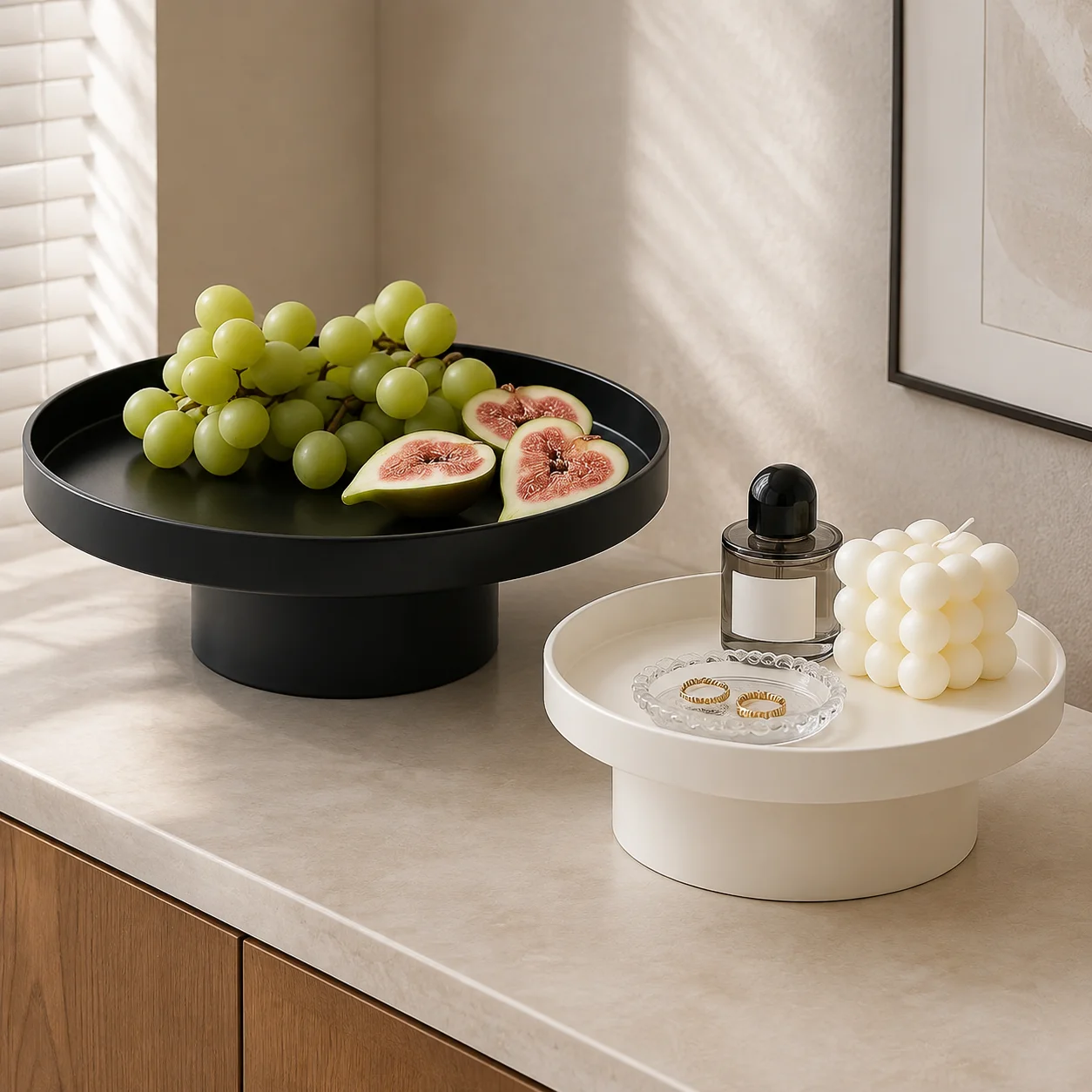 Modern Round Pedestal Display Tray with Raised Edge, ABS Serving Platter for Perfume Jewelry Fruit Dessert Home Table Decor