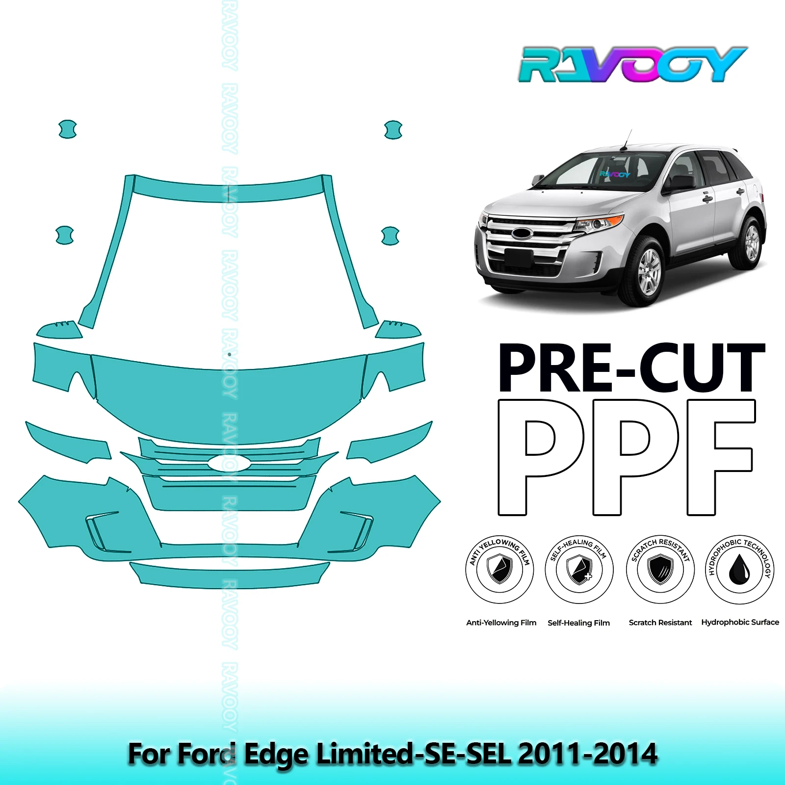 For Ford Edge Limited-SE-SEL 2011-2014 Partial Front 8.5Mil Pre-Cut Paint Protection Film PPF Stone Chip Kit | Clear/Matte/Black