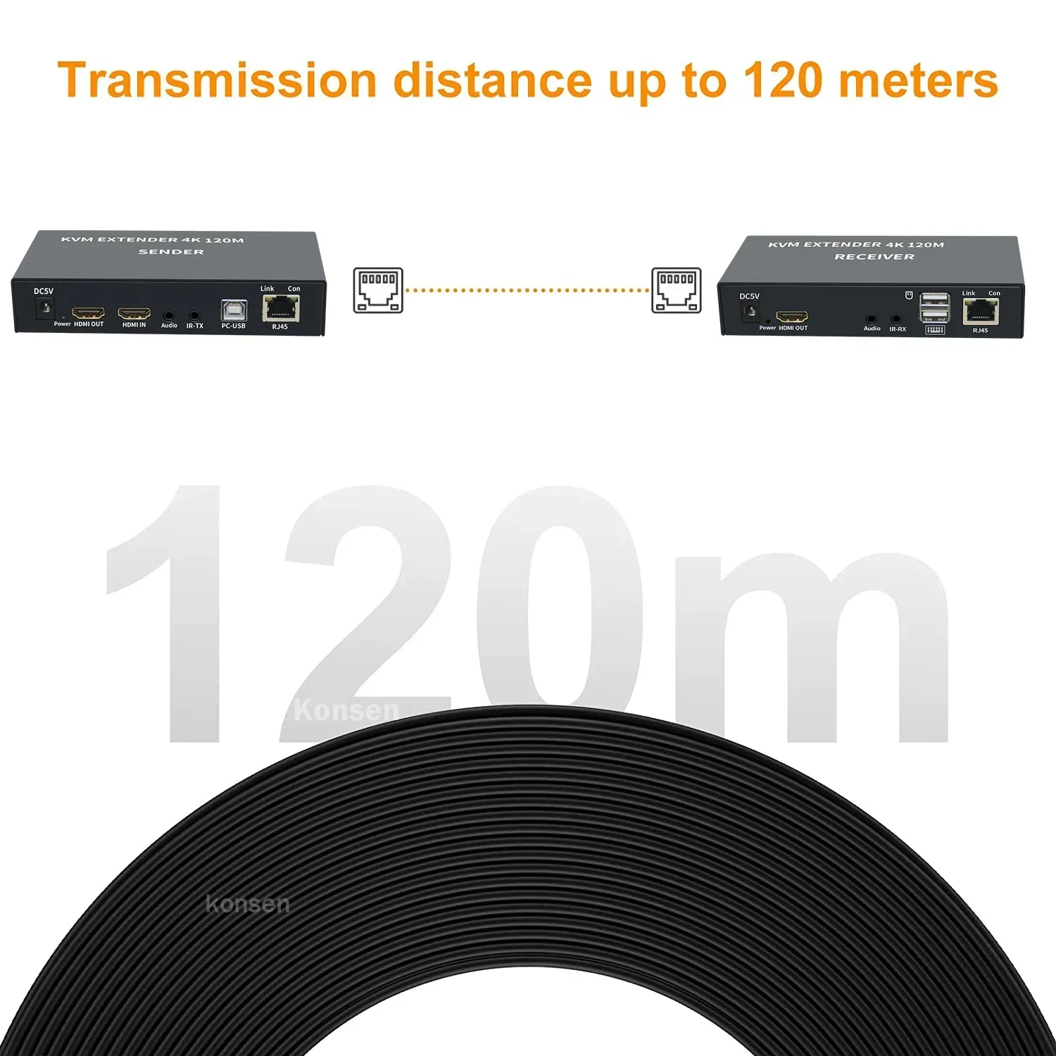 موسع 4K 120M HDMI KVM أكثر من Cat5e/6 Rj45 كابل إيثرنت HDMI USB موسع مع حلقة خارج الصوت IR دعم USB لوحة المفاتيح الماوس