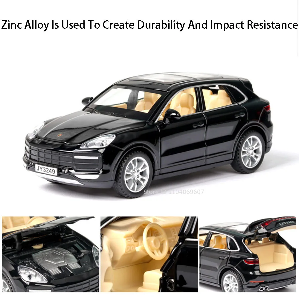 1:32 Scale Cayenne Macan Model Car Toys Alloy Diecast Doors Opened Sound Light Pull Back Ornament Toy Vehicles for Kids Gifts