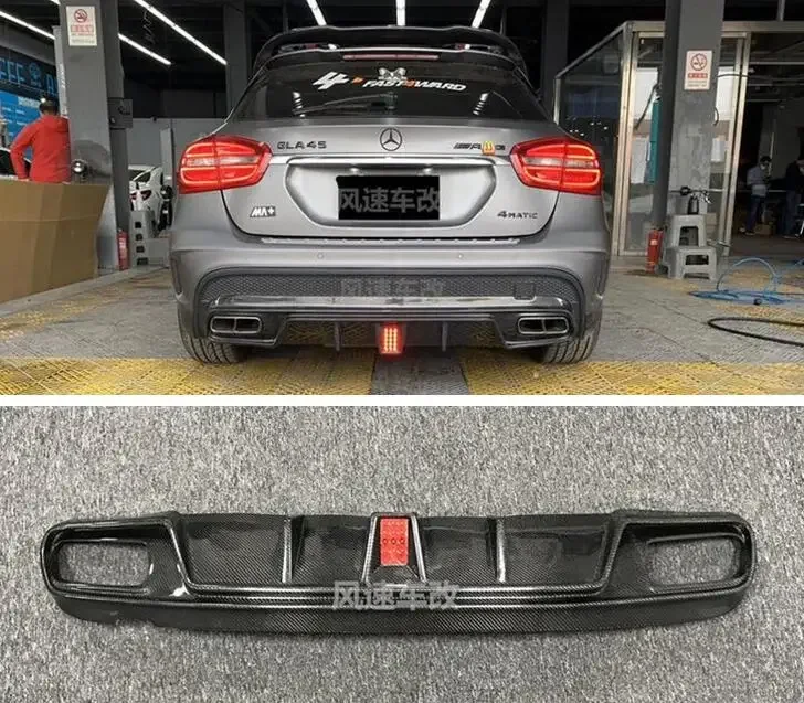 For Benz GLA45 GLA200 260 AMG 2013-2019 Carbon Fiber Car Rear Bumper Lip Diffuser Trunk Door Spoiler Cover Body Kit (With LED)