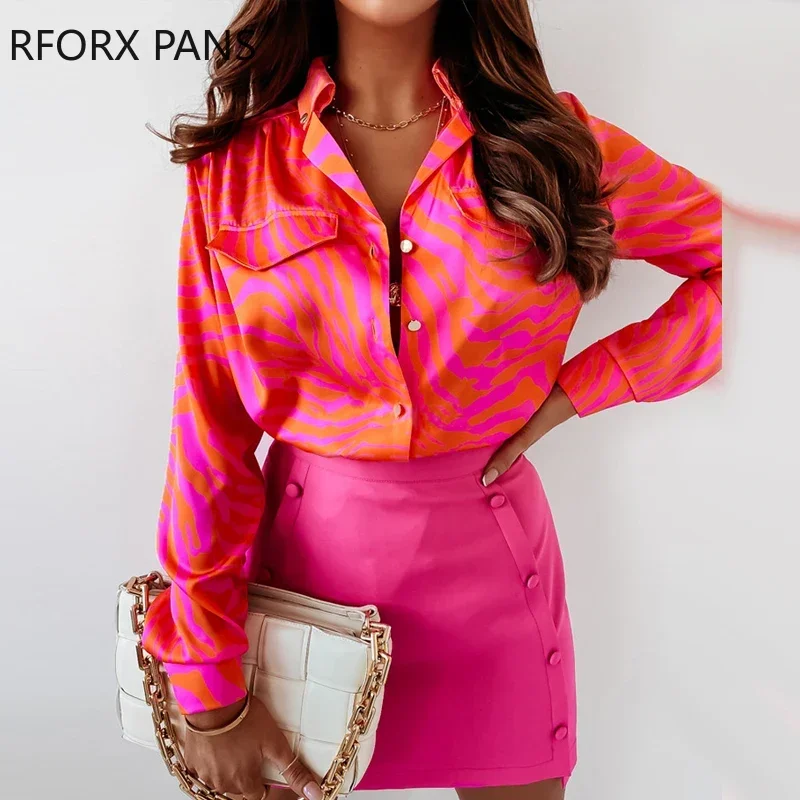 Women Chic Fashion Tiger Stripes Turn Down Collar Long Sleeves Button Casual Blouses Tops