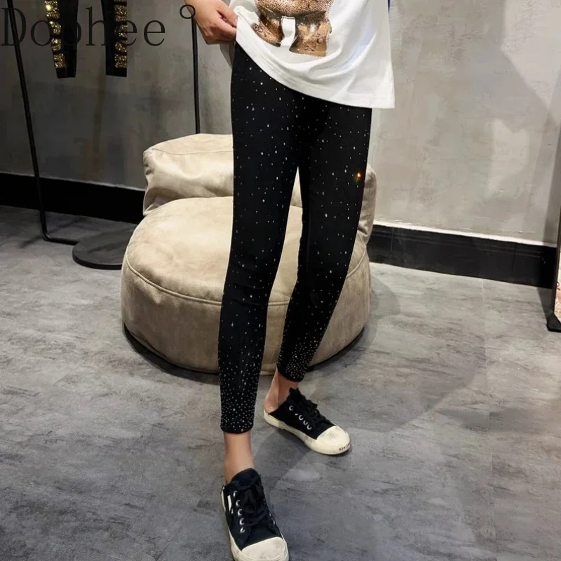 Babysbreath Hot Drilling Women Leggings High Stretch All-match Tight Bottoming Pants Shiny Diamonds Ankle-length Pencil Leggings