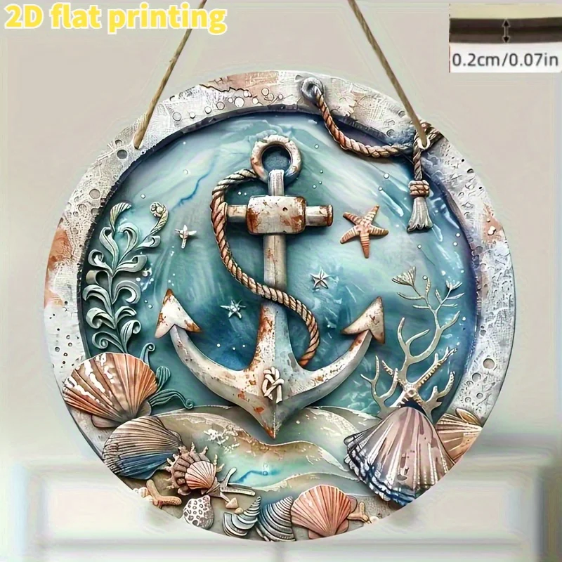 2D Flach, 1 Stück, 2D Ozean-Gezeiten-Kranz Hängeschild (Nicht 3D) - Handgefertigte Holzdekoration - Vintage Muschel- und Gezeiten-Design - Geeignet für