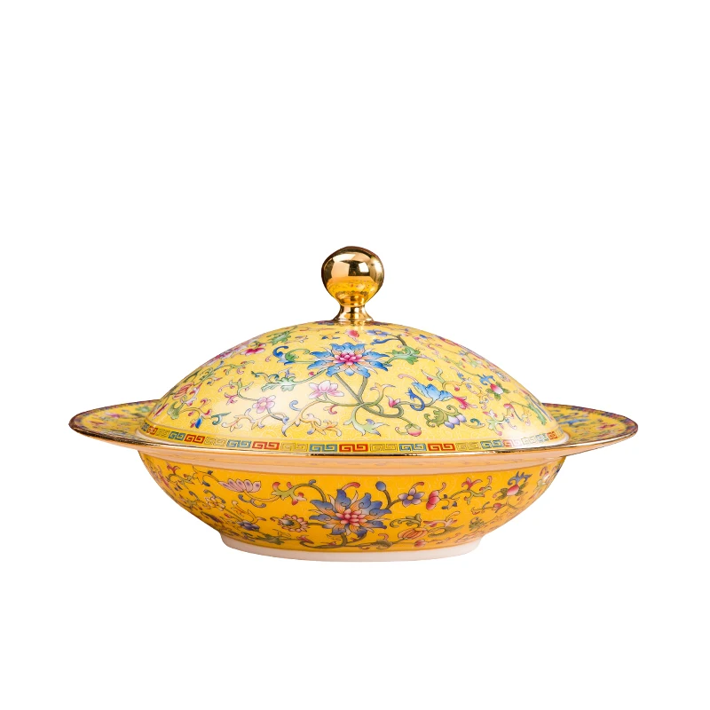Jingdezhen Enamel Color Ceramic Plate with Lid Chinese Style Embossed Texture Dinner Plates Upscale Hotels Gold Stroke Tableware