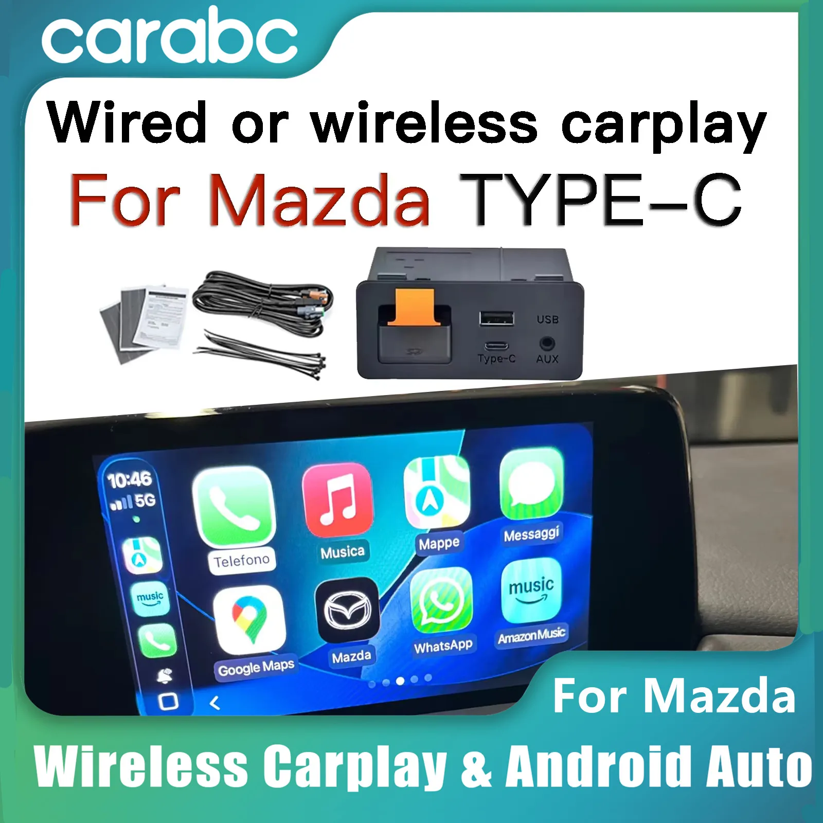 Kabelloser oder kabelgebundener Carplay Android Auto Modul Typ-C Adapter für Nachrüstung Mazda 2 3 6 CX3 CX5 CX8 CX9 MX5 USB HUB TK78669U0C Kit