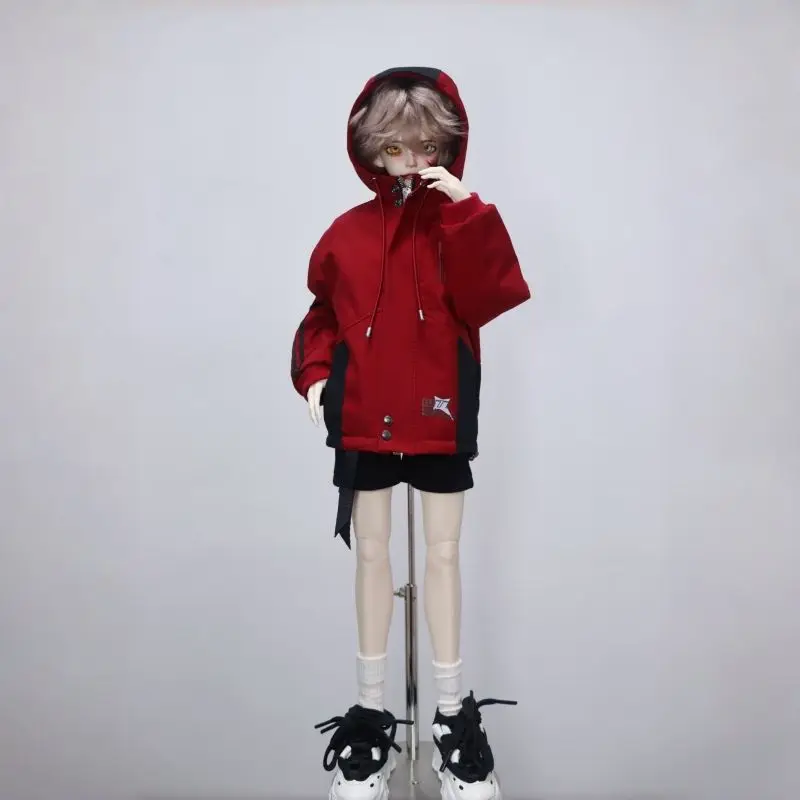 Color Block Windbreaker Suit Fit 45Cm 1/4 Male Bjd Doll, Red Black Spliced Hooded Coat Black Shorts, No Doll and Shoes